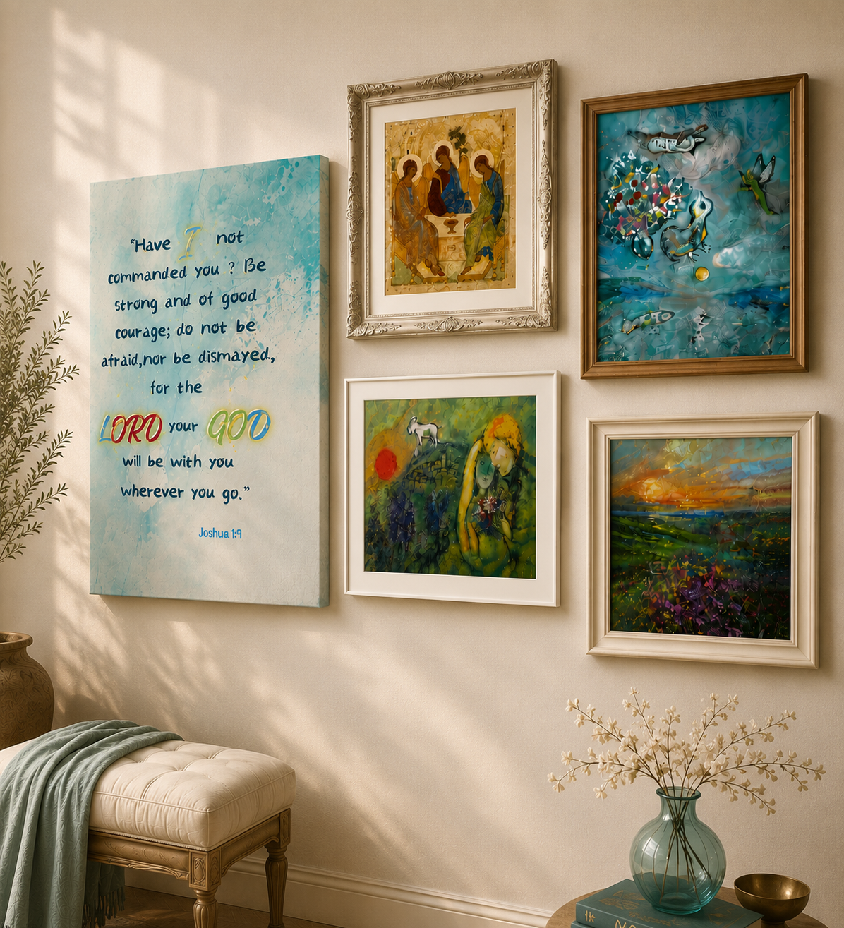 Wall art gallery with scripture canvas and framed paintings